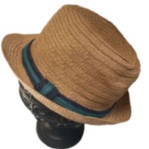 Fedora Sun Hat Cuban Style Trilby Tan Teal Blue Outer Band UNISEX 22.5 inchesA